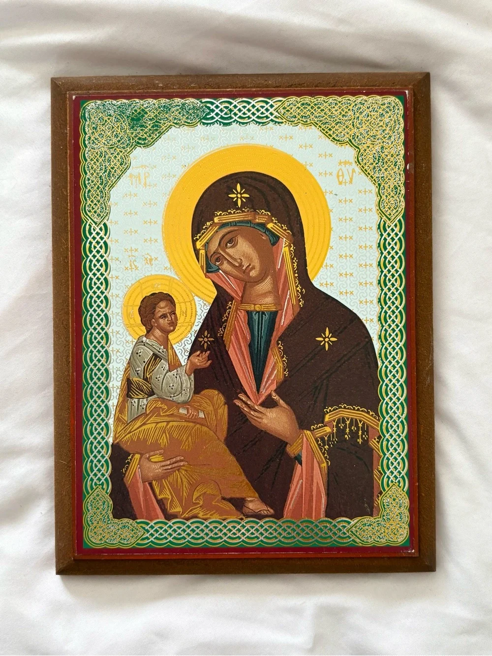 Vintage Jerusalem Mother of God religious metallic wood wall plaque home art
